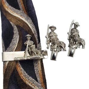 Boy & Dog Cufflinks Tie Bar Sarah Coventry Clip Clasp Silver Tom Sawyer Vintage